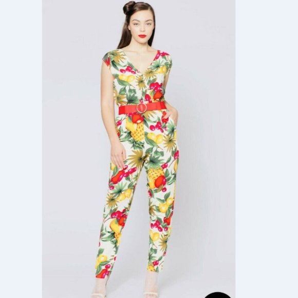 Revival Pants - Revival Yellow Fruit Punch Jumpsuit Size 12 Sleeveless V Neck Pantsuit Pineapple